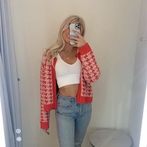 Miss Love Pink and Red Houndstooth Knit Open Cardigan. Size M